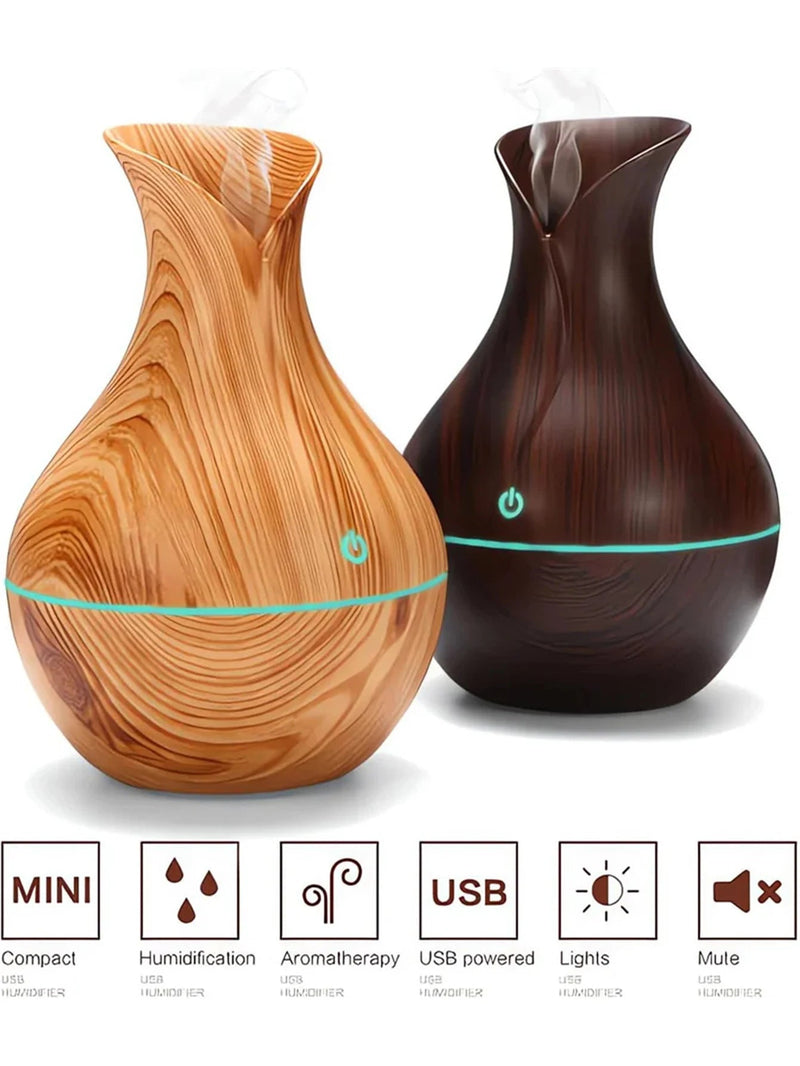 Umidificador de Ar Elétrico USB 130ml – Difusor de Aroma com LED, Madeira Estilo Natural, Aromaterapia com Óleos Essenciais - Macro Smart Shopping